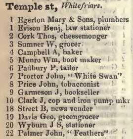 Temple street, Whitefriars 1842 Robsons street directory