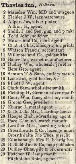 Thavies inn, Holborn 1842 Robsons street directory