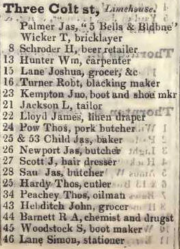 to 46 Three Colt street, Limehouse 1842 Robsons street directory
