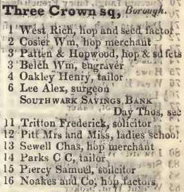 Three Crown square, Borough 1842 Robsons street directory