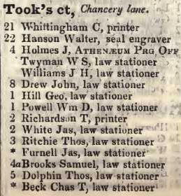 to 5 Tooks court, Chancery lane 1842 Robsons street directory