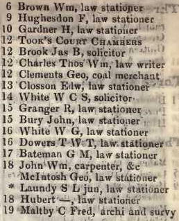 6 - 19 Tooks court, Chancery lane 1842 Robsons street directory