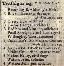 3 - 4 Trafalgar square, Pall Mall East 1842 Robsons street directory