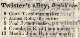Twisters alley, Bunhill row 1842 Robsons street directory