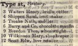 Type street, Finsbury 1842 Robsons street directory