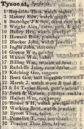 Tysoe street, Spafields 1842 Robsons street directory