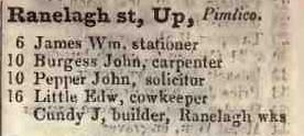 Upper Ranelagh street, Pimlico 1842 Robsons street directory