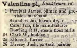 Valentine place, Blackfriars road 1842 Robsons street directory