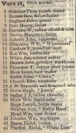 Vere street, Clare market 1842 Robsons street directory