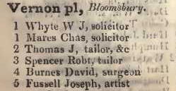 1 - 5 Vernon place, Bloomsbury 1842 Robsons street directory