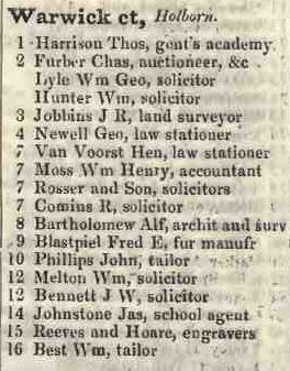 Warwick court, Holborn 1842 Robsons street directory
