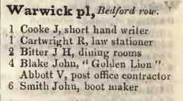 Warwick place, Bedford row 1842 Robsons street directory