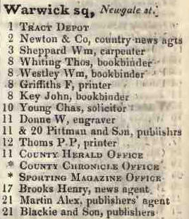 Warwick square, Newgate street 1842 Robsons street directory