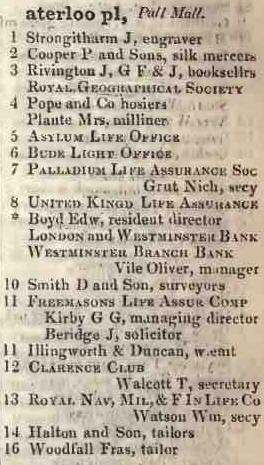 Waterloo place, Pall Mall 1842 Robsons street directory
