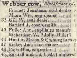 Webber row, Blackfriars road 1842 Robsons street directory