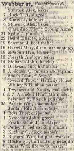 Webber street, Blackfriars road 1842 Robsons street directory