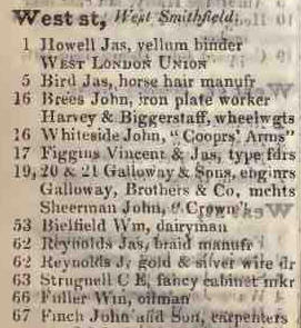 West street, West Smithfield 1842 Robsons street directory