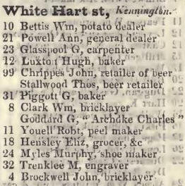 White Hart street, Kennington 1842 Robsons street directory