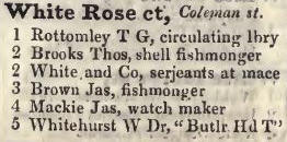 White Rose court, Coleman street 1842 Robsons street directory