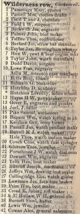 Wilderness row, Clerkenwell 1842 Robsons street directory