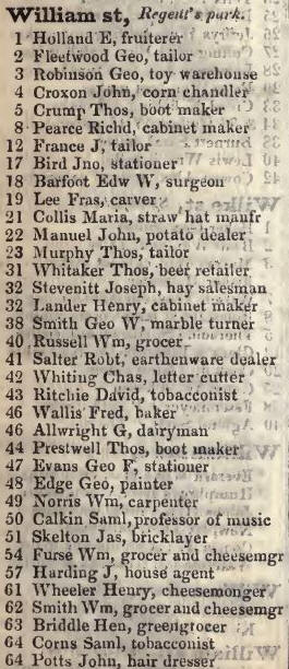 William street, Regents park 1842 Robsons street directory